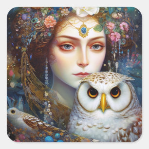 Dame met Uil Surreal Fantasy Kunst Vierkante Sticker