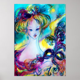 DAME MET VEERGEMASKER Venetiaanse Maskerade Nacht Poster