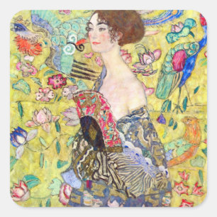 Dame met waaier van Gustav Klimt, Vintage Japonism Vierkante Sticker