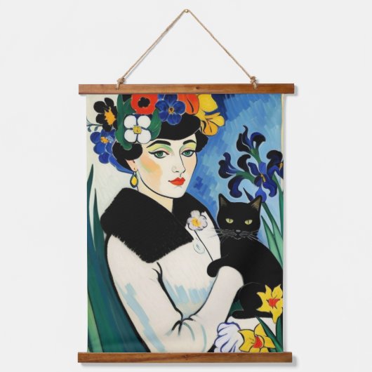 Dame met zwarte kat hangend wandkleed (Voorkant)