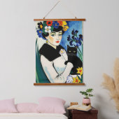 Dame met zwarte kat hangend wandkleed (Slaapkamer)