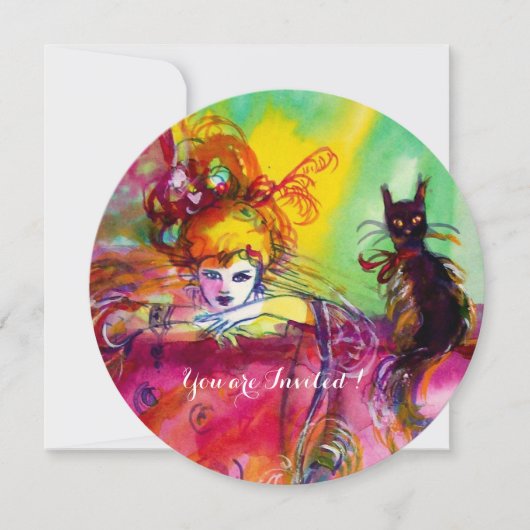 DAME MET ZWARTE KAT /Mardi Gras Maskerade Feest Kaart (Voorkant)