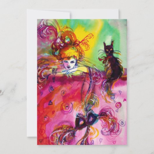 DAME MET ZWARTE KAT /Mardi Gras Maskerade Feest Kaart (Voorkant)