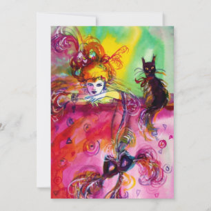 DAME MET ZWARTE KAT /Mardi Gras Maskerade Feest Kaart