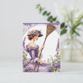 Dame op achtergrond,  Paarse bezem clip art, Briefkaart (Staand voorkant)