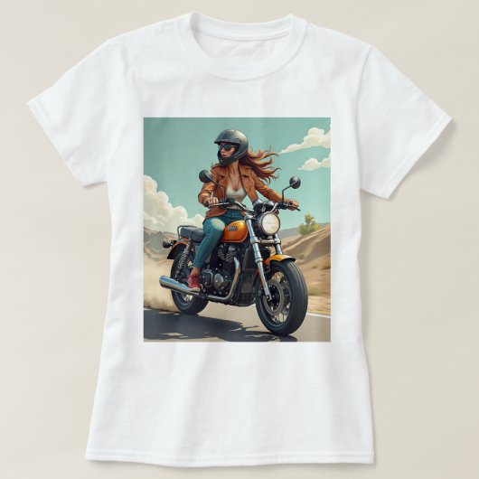 Dame op de motor op de weg t-shirt (Design voorkant)