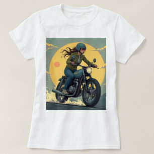 Dame op de motor op de weg t-shirt