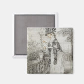 Dame op een Terrace die een Plant van de anjer bui Magneet (Voorkant / Achterkant)