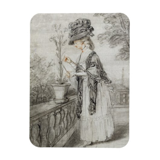 Dame op een Terrace die een Plant van de anjer bui Magneet (Verticaal)