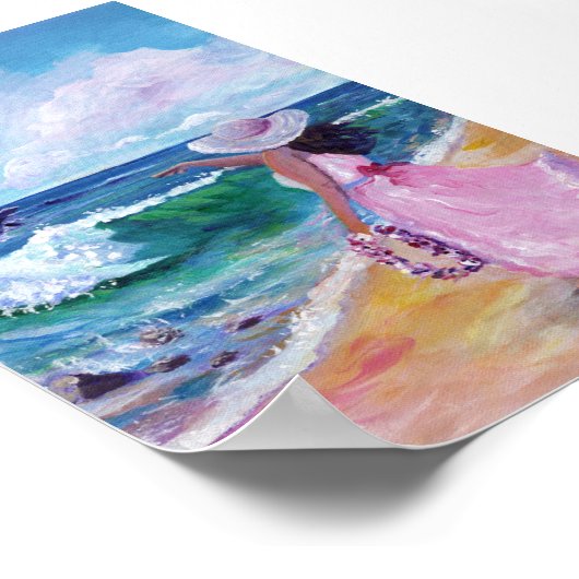 Dame op het strand met walvis poster (Hoek)