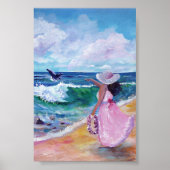 Dame op het strand met walvis poster (Voorkant)