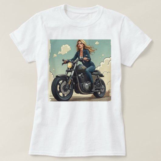 Dame op motor op de weg t-shirt (Design voorkant)