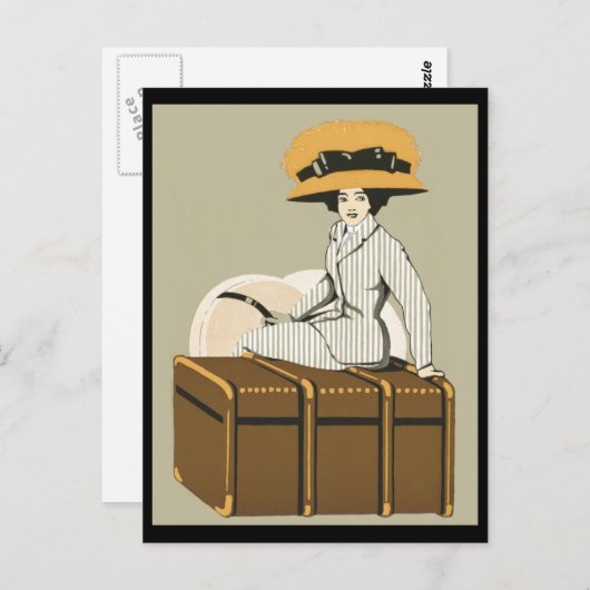  dame op reiskoffer briefkaart (Voorkant / Achterkant)