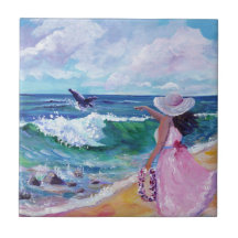 Dame op strand met Humpback Whale Ceramic Tegel