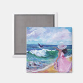 Dame op strand met Humpback Whale Magnet (Voorkant / Achterkant)