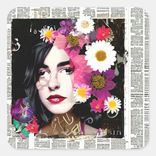   Dame Paper Collage Krant Vierkante Sticker (Voorkant)