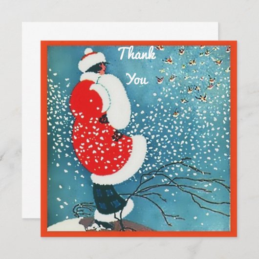 Dame Red Coat White Fur Trim Muff Snow cpy Bedankkaart (Voorkant / Achterkant)