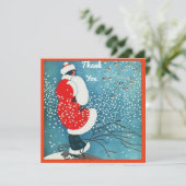 Dame Red Coat White Fur Trim Muff Snow cpy Bedankkaart (Staand voorkant)