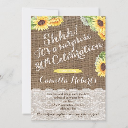 dame Surprise 80th Birthday Invites, Sunflower Kaart (Voorkant)