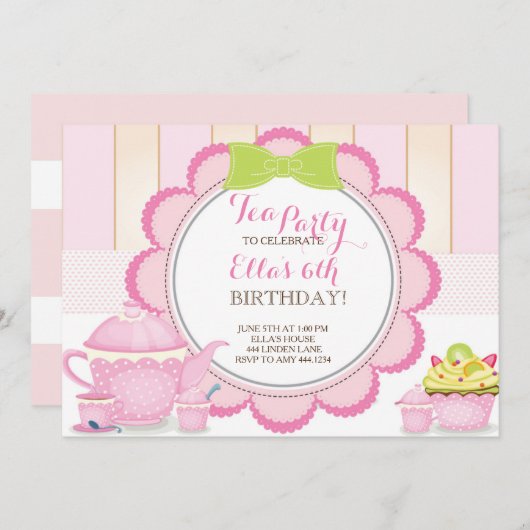 Dame Tea Party Birthday Party Kaart (Voorkant / Achterkant)