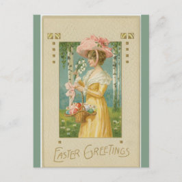 dame tussen cederbomen met paaseieren briefkaart