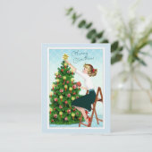 Dame uit de jaren 1920 versiert kerstboom feestdagenkaart (Staand voorkant)