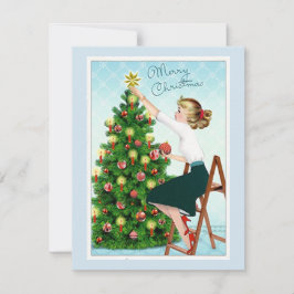 Dame uit de jaren 20 versiert kerstboom feestdagenkaart