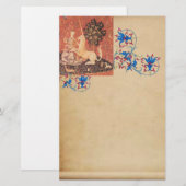 DAME, UNICORN, Dieren Antiek Bloemenperkament Briefpapier (Voorkant / Achterkant)