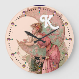 DAME VAN DE MAAN MET BLOEMEN IN ROZE MONOGRAM GROTE KLOK