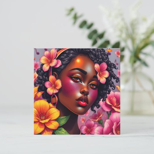  dame van kleur roze bloemen gepersonaliseerd kaart (Staand voorkant)