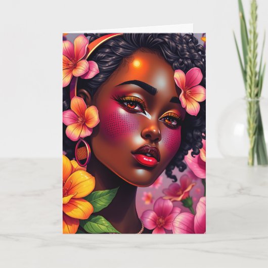  dame van kleur roze bloemen verjaardag kaart (Voorkant)