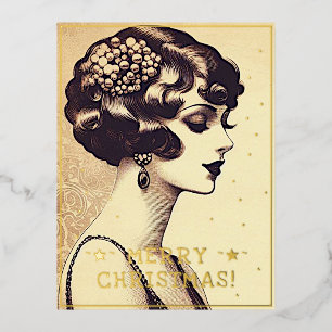 dame vrolijke kerstgroeten retro foto folie feestdagen briefkaart