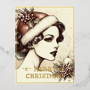  dame vrolijke kerstgroeten retro foto folie feestdagen briefkaart