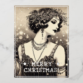  dame vrolijke kerstgroeten retro foto folie feestdagen briefkaart