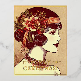  dame vrolijke kerstgroeten retro foto folie feestdagen briefkaart
