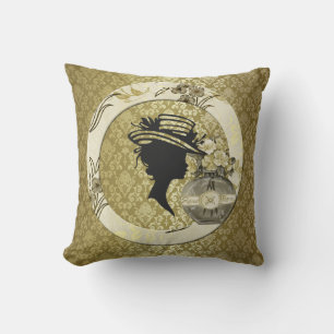 Dame w/Pet  Lijst & Flowers Gold Damask Kussen