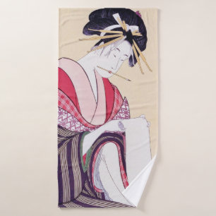 Dame Wakazuru van Wakamatsuya, Utamaro, Ukiyoe Badhanddoek