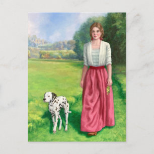 "Dame wandelt met Dalmatiër." Ansichtkaart Briefkaart