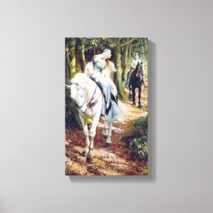 Dame white horse medieval knight schilderij canvas afdruk