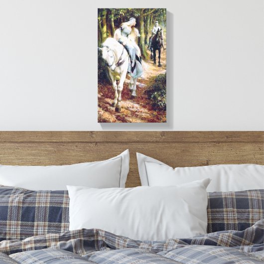 Dame wit paard middeleeuwse ridder schilderen canvas afdruk (Insitu (Slaapkamer))