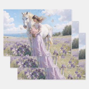 Dame & Witte Paard in Irisveld Inpakpapier Vel