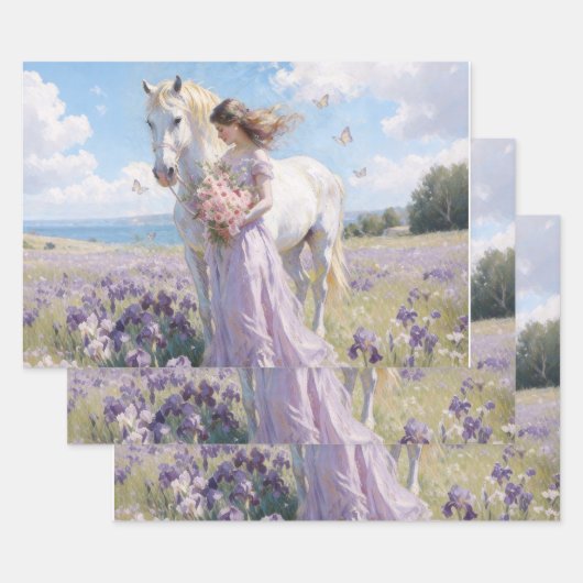 Dame & Witte Paard in Irisveld Inpakpapier Vel (Set)