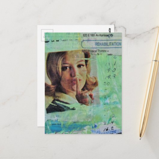 Dame zegt stil Mixed Media Collage Briefkaart (Voorkant / Achterkant in situ)