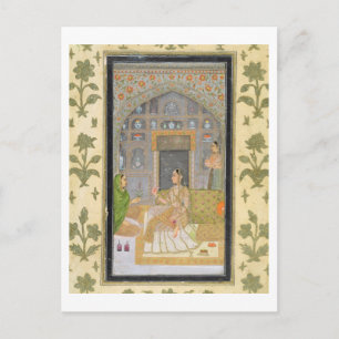 Dame zit in een paviljoen met verzorgers, van briefkaart