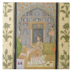 Dame zit in een paviljoen met verzorgers, van tegeltje