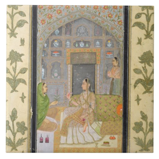 Dame zit in een paviljoen met verzorgers, van tegeltje (Voorkant)