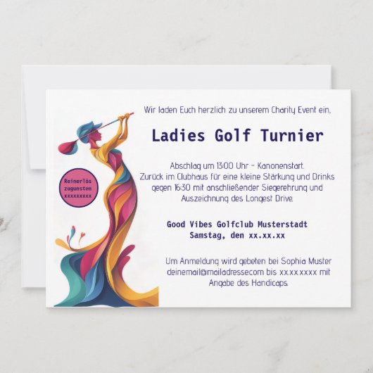 Damengolf, Silhouette, bunt, perfekter Schwung, Save The Date (Voorkant)