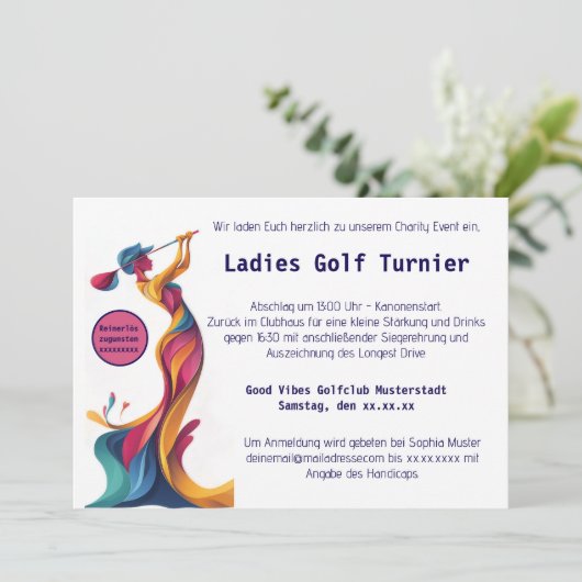 Damengolf, Silhouette, bunt, perfekter Schwung, Save The Date (Staand voorkant)