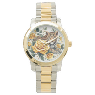 Damenuhr mit Leoparden und Rosen Horloge