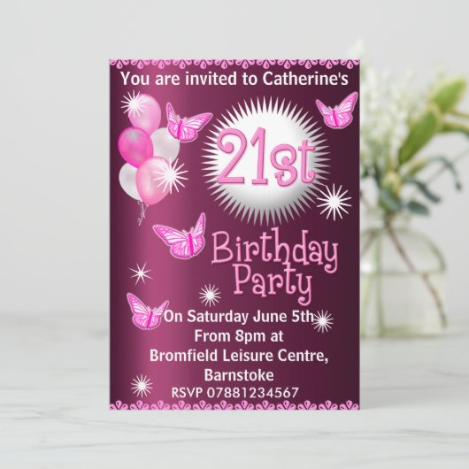 Dames 21e verjaardag Uitnodiging roze (Staand voorkant)